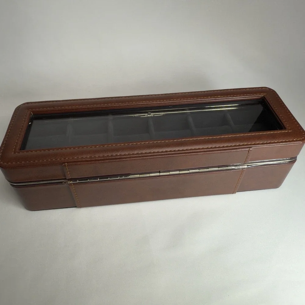 Woodbury 6 Pcs Brown Leather Watch Case Built In Polished Nickel Frame - Father